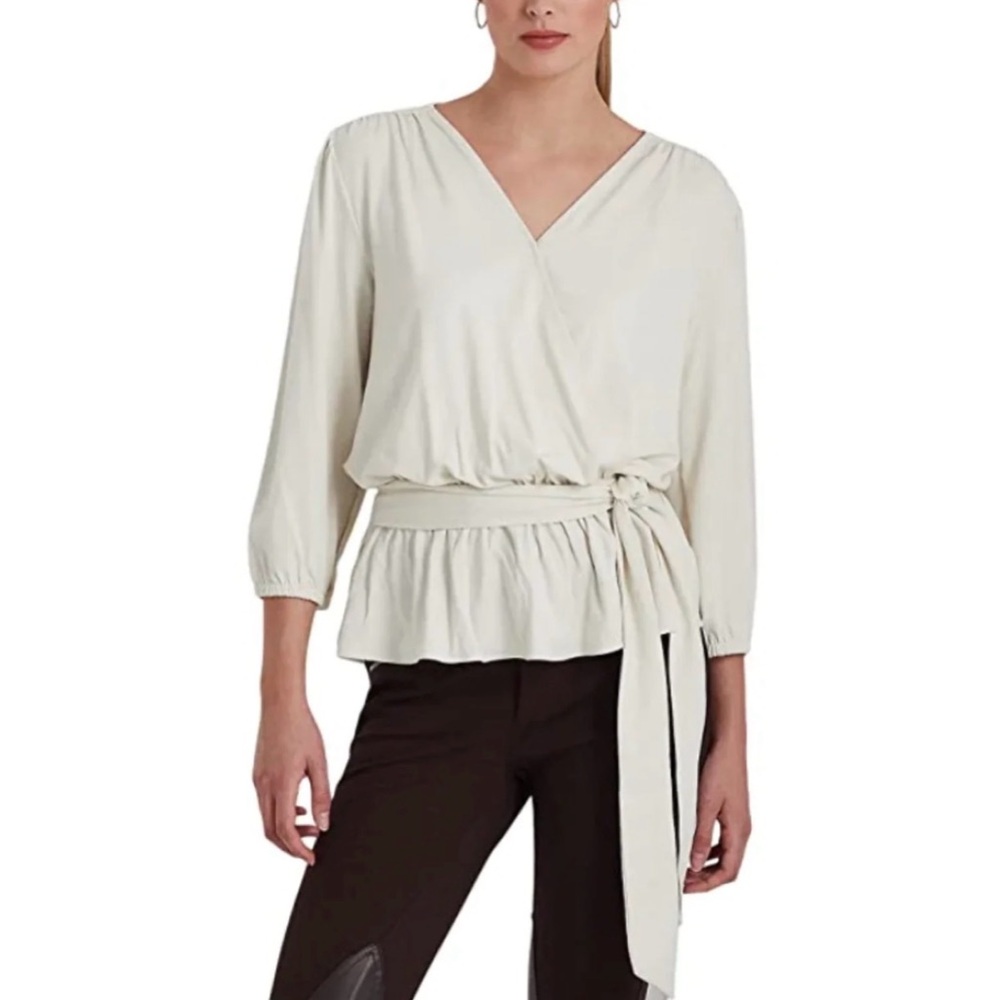 Lauren Ralph Lauren Jersey Ivory Wrap Blouse L